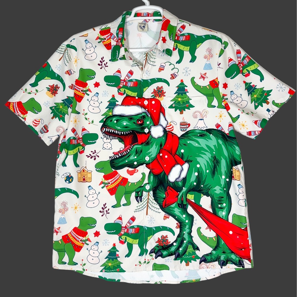 Hardaddy Christmas Dinosaur T-Rex Button Down Shirt Mens M